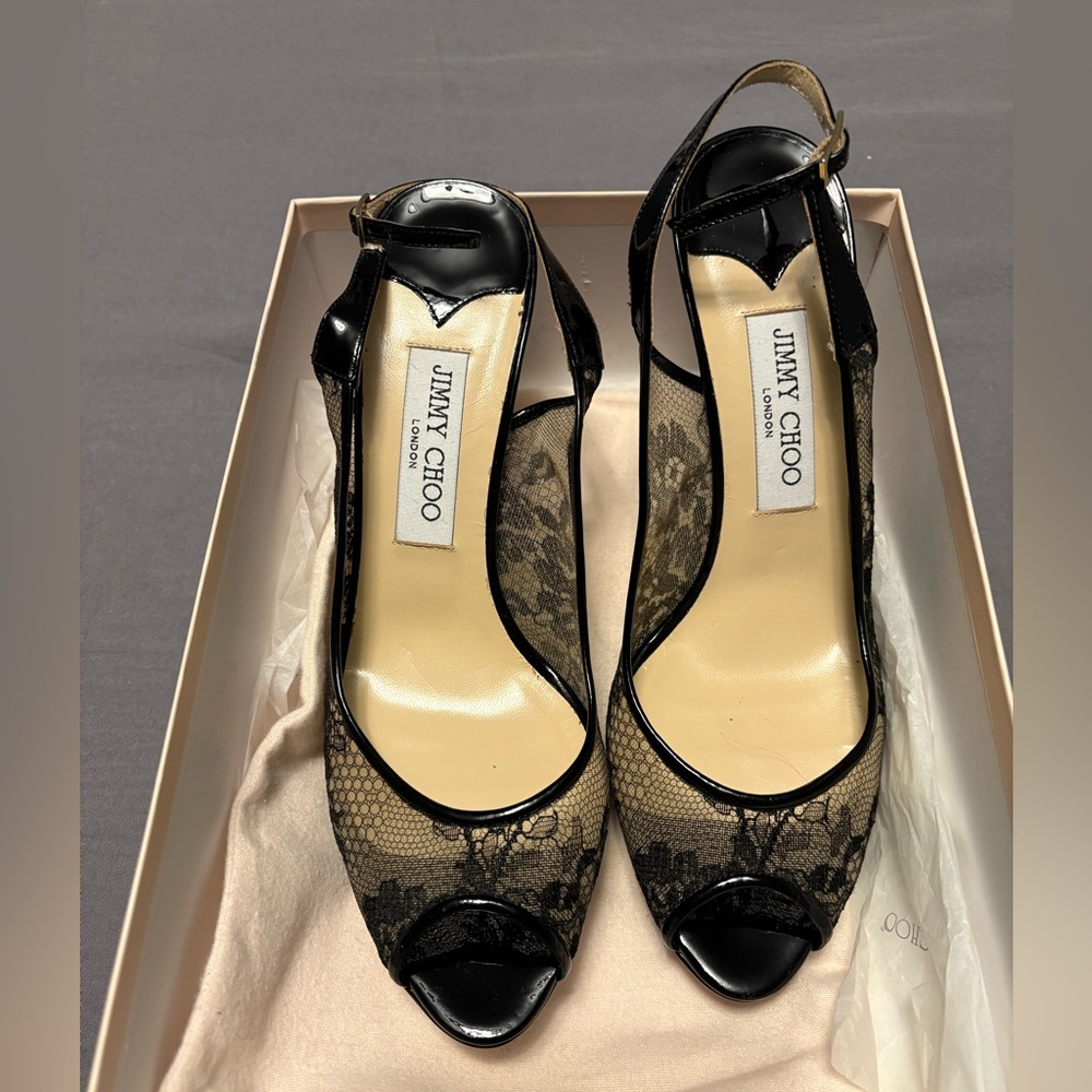 NIB Jimmy Choo Black Lace Nova Sling back Heels 39 1/2